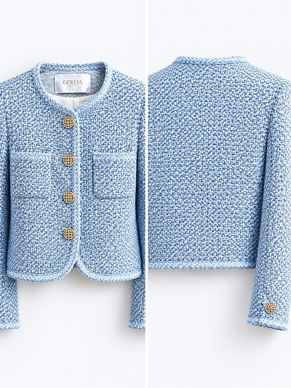 GOELIA Blue White Jacquard Tweed Jacket Sz XL Gold Button Cropped Bouclé Blazer - Picture 5 of 16